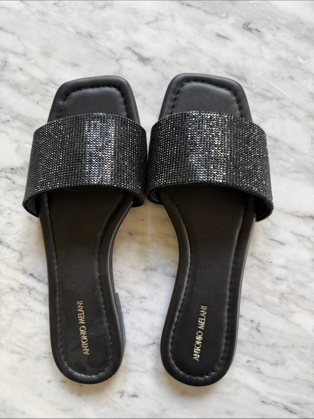 ANTONIO MELANI Black Crystal Strap Slide Mules